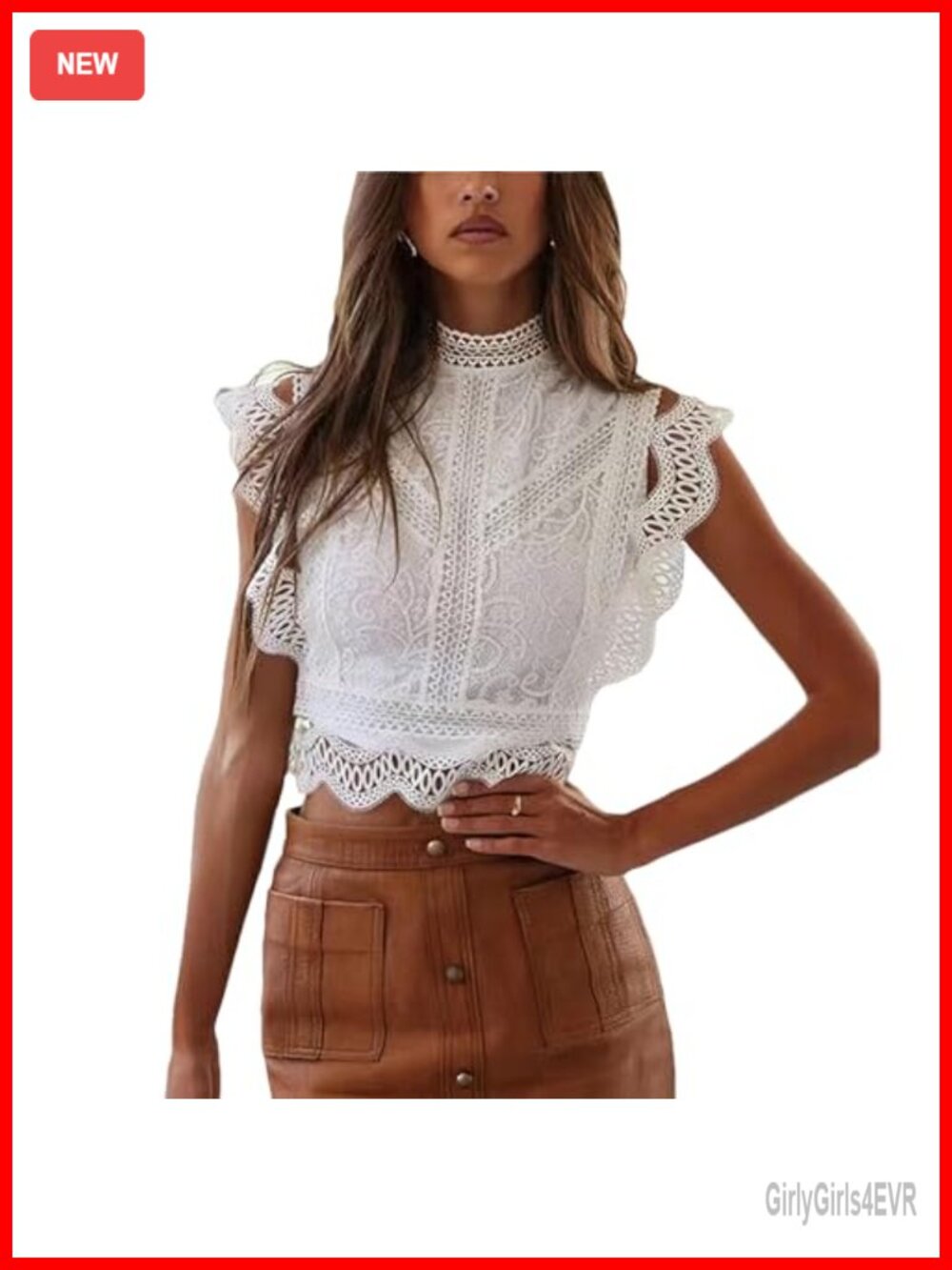 Hollowed Lace Blouse Soft Sleeveless Ruffle Trim Elegant Summer Shirt Tops